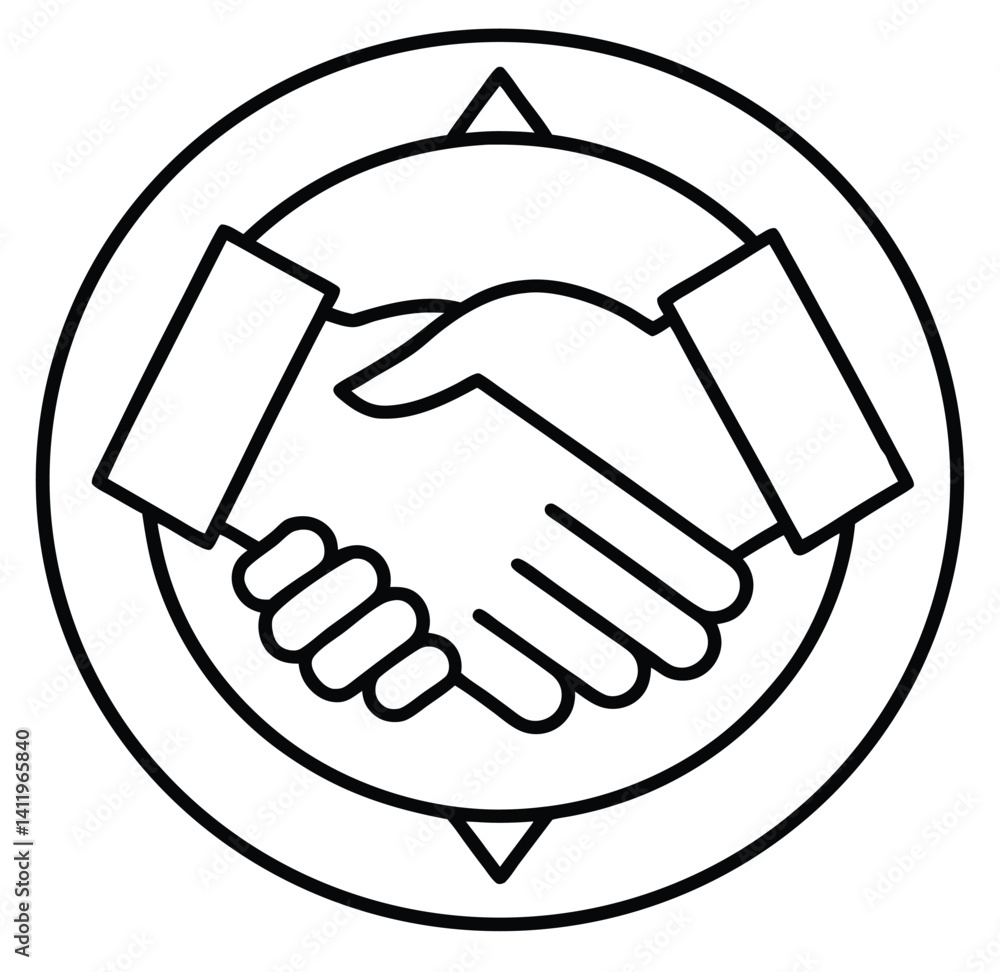 Poster line art illustration of two hands engaged in a handshake, placed within a circular outline. the des