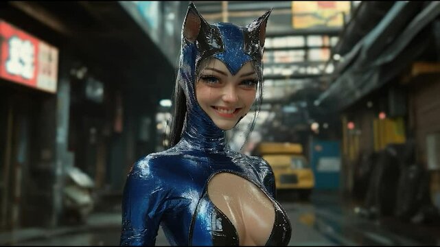 A stylized female character in a glossy blue catsuit with cat ears stands confidently in a gritty urban alleyway