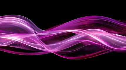 Abstract waves of vibrant purple and magenta hues flow across a stark black background creating a dynamic visual effect.