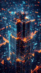 Obraz premium A futuristic skyscraper glows with vibrant orange and blue lights standing tall above a twinkling urban landscape at night.