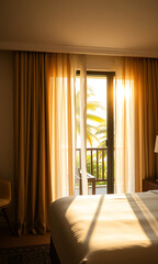 Fototapeta premium Sunlight streams into a bedroom through sheer curtains revealing a balcony with tropical palm trees.