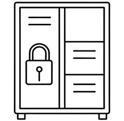 A simple, outlined illustration of a refrigerator featuring a prominent padlock on the front, symbolizing security. The fridge has a two-door design, with vertical lines representing shelves inside