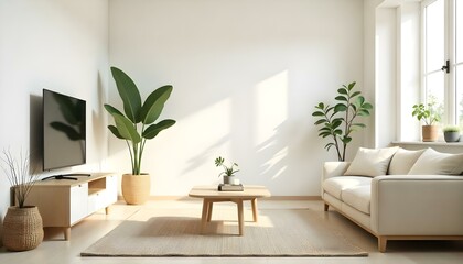 Stylish and serene living room with white walls, modern furniture and green plants.