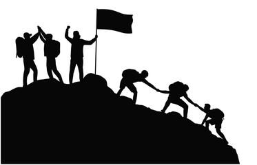 Business team success concept, silhouette of business man on peak mountain climbing helping, Helping each other to the top of mountain