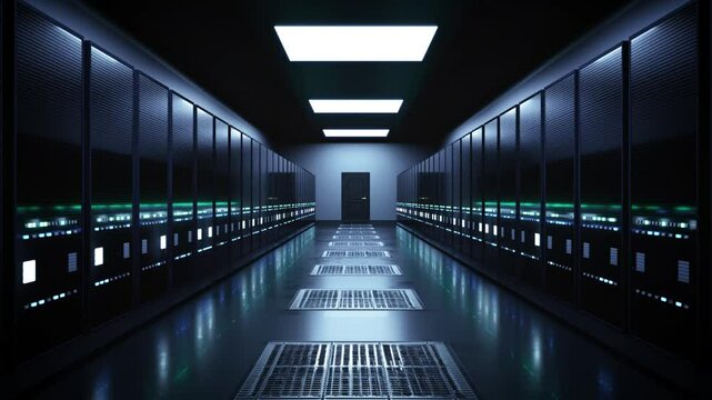 Data center Server room, dark corridor with computing processors with flashing lights. Ultra HD 4K footage of mining, internet service provider or big data center.