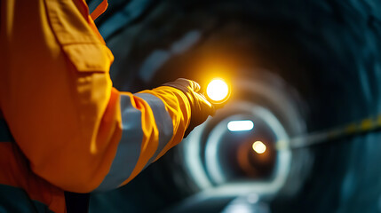 Tunnel engineer inspecting structural integrity with a flashlight. Featuring focus and safety
