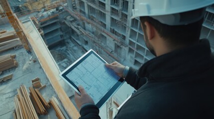 Construction engineer reviewing site plans with a tablet. Featuring planning and technology
