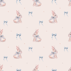 Watercolor seamless pattern with cute white rose bunny with blue bow and polka dots. Repeat pattern pastel color with rabbit. Tender watercolor hand drawn illustration for holiday or kids design.