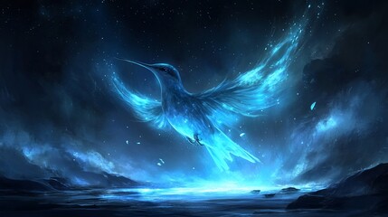 Celestial Blue Bird Soaring Night Sky, Frozen Landscape