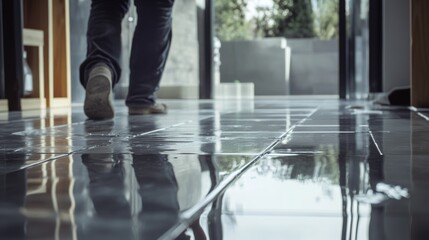 Obraz premium A tile setter placing ceramic tiles on a floor at a construction site. Featuring focus and precision