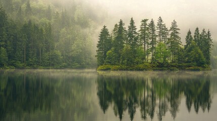 Misty Mountain Lake with Island Reflection