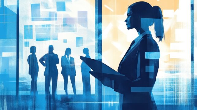 A dynamic depiction of a female CEO reviewing key business strategies with her executive team. - Powered by Adobe