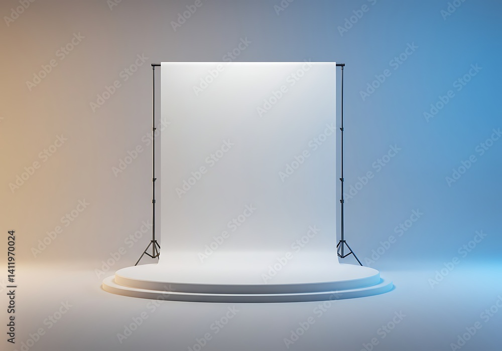 Poster minimalist studio setup with seamless backdrop on a white circular platform
