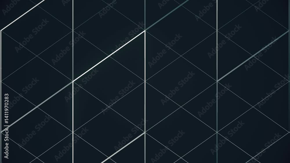 Poster Abstract geometric composition in which bright white lines form a transforming pattern of diamonds. Dark background creates contrast. Minimalist style. Optical illusion. 3d rendering loop animation 4K