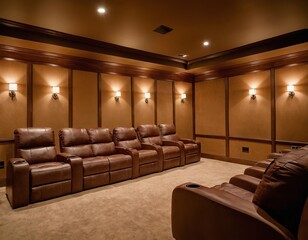 Fototapeta premium Luxurious home theater with plush leather seating and ambient lighting.