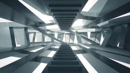 Obraz premium Abstract 3D sculpture suggesting impossible, chaotic architecture. Intersecting geometric planes, floating staircases leading nowhere, distorted perspectives