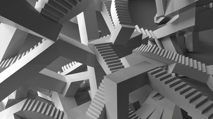 Abstract 3D sculpture suggesting impossible, chaotic architecture. Intersecting geometric planes, floating staircases leading nowhere, distorted perspectives