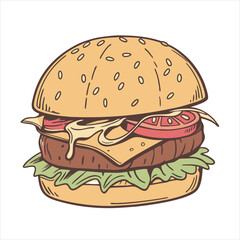 minimal, flat-style vector illustration of a juicy cheeseburger with double patties, melted cheese, and a sesame seed bun 