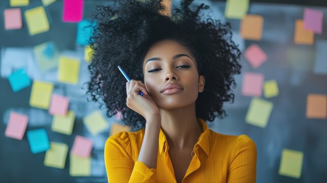 A motivational image of a professional woman taking notes while actively participating in a brainstorming session.