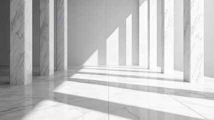 Fototapeta premium A stunning white marble floor gleams under soft lighting, complemented by elegant, tall columns that rise majestically, creating a sense of grandeur and sophistication in the space.