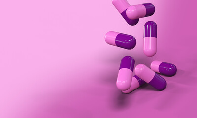 gélules roses et violettes sur un fond rose - médicaments - rendu 3D