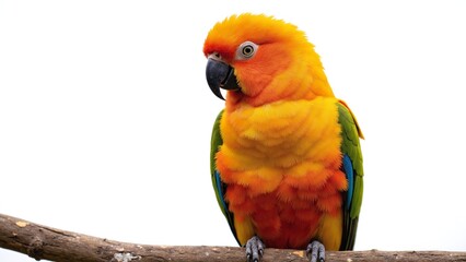 Sun Conure Perched on Branch with Bright Orange Feathers Isolated Portrait