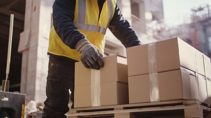 Construction laborer unloading building materials from a truck. Featuring teamwork and efficiency