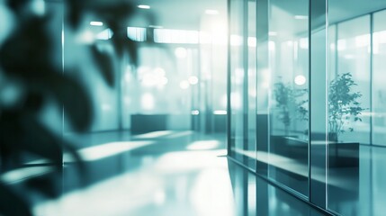 Modern office interior design with glass walls and plants zen teal blue room calm clean light green