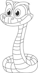Fototapeta premium A stylized cartoon illustration features an expressive snake character with a sly grin and curious eyes, rendered in black and white outlines.