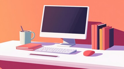 A vibrant scene of an organized workspace featuring notebooks, coffee, and a sleek computer monitor.
