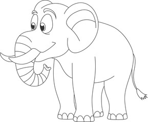 A charming cartoon elephant with expressive eyes and a curled trunk, rendered in a simple black-and-white outline style on a blank background.