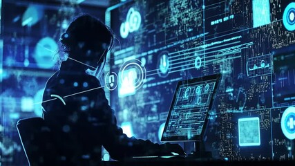 Female Data Scientist Working on a Laptop with Digital Screens Around Her - Powered by Adobe