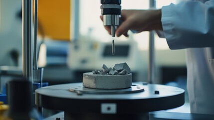 Construction materials tester analyzing concrete samples in a lab. Featuring precision and structural assessment