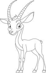 Whimsical black and white illustration of a cartoonish gazelle with a friendly expression, detailed horns, and large, expressive eyes.