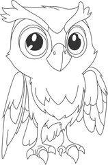 A cartoon owl with big eyes is depicted, illustrated in black and white outline style. The image is simplistic and graphic.