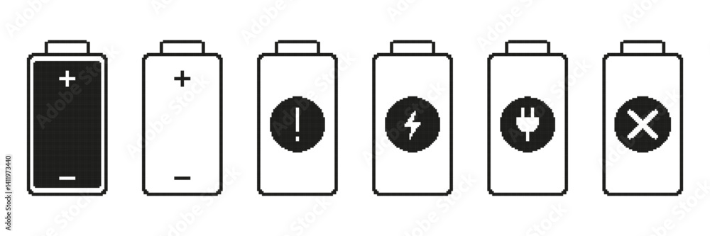 Aufkleber battery icons with various symbols pixelated icon set. pixel art symbol collection of battery levels