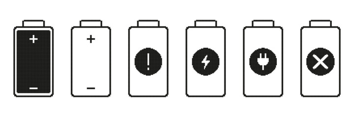 Battery Icons With Various Symbols Pixelated Icon Set. Pixel Art Symbol Collection Of Battery Levels And Power Indicators. Isolated Vector Illustration