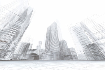 Fototapeta premium 4K Urban Wireframe – Minimalist Cityscape in Architectural Drawing Style