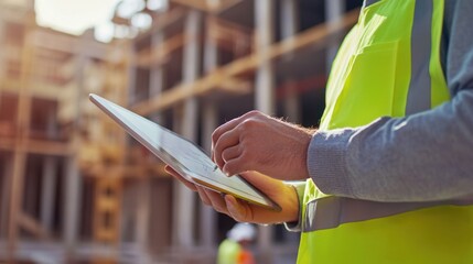 Construction site manager reviewing project plans with a tablet. Featuring leadership and project management