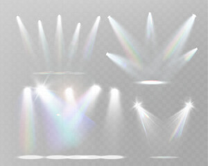 Realistic white and colorful spotlights with beams, reflections, and stage lighting effects on transparent background	