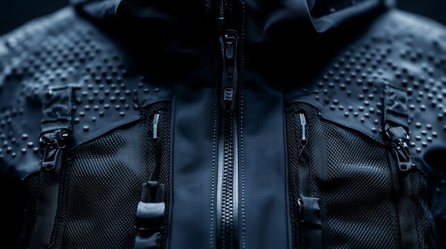Close-up of textured waterproof jacket zipper