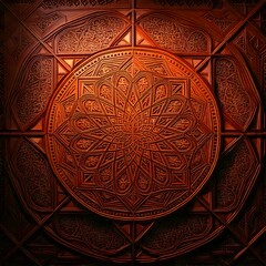 Obraz premium Intricate Moroccan wood carving featuring radial geometric patterns, floral details, rich warm tones, and traditional arabesque design reflecting cultural elegance and artistic precision