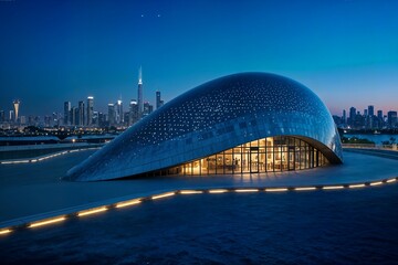 museum of the future in a beautiful blue night with city horizon lights museo del futuro en una hermosa noche azul con las luces del horizonte de la ciudad