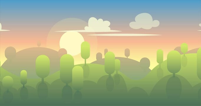 2D Parallax Looping Animation of a Peaceful Meadows Landscape. Green trees, fluffy white clouds and distant hills.