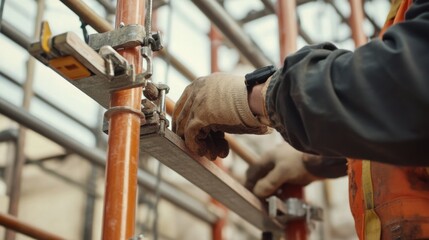 Construction worker adjusting scaffolding at a job site. Featuring safety and precision