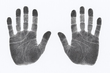 Black and white handprints showcasing fine details of skin texture and lines captured against a white background