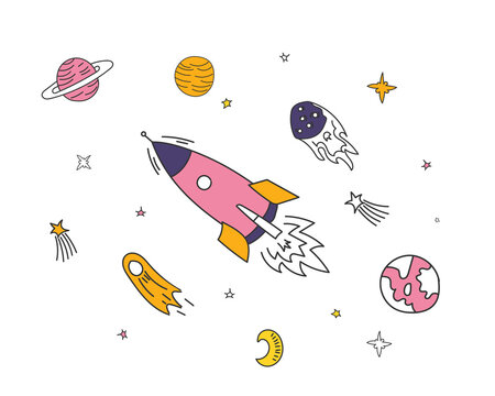 png spaceship planet astronaut doodle cartoon galaxy star vector alien satellite illustration rocket universe cosmos drawing comet moon sky set element sun cosmic concept design space symbol