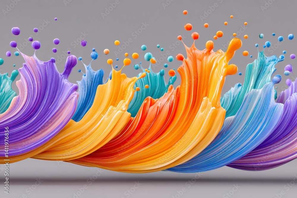 Poster Abstract Colorful Paint Splashes Swirling Dynamically on Gray Background