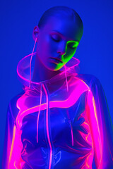 Model showcasing vibrant neon fashion in a striking blue and pink light environment
