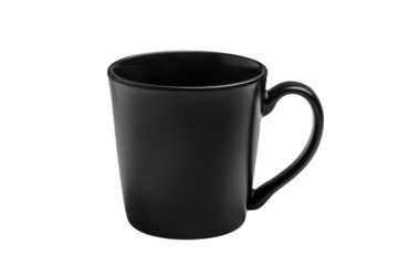 A sleek black coffee mug resting elegantly on a minimalist surface for contemporary charm isolated on transparent background